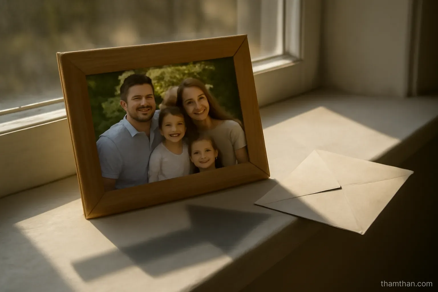 an arrow-shaped shadow falling across a family photograph propped on a windowsill beside a sealed envelope