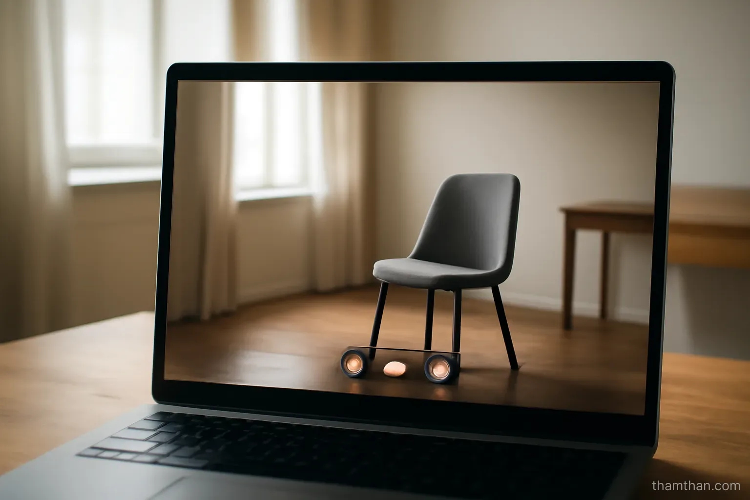 a video call open on a laptop screen showing an empty chair in a distant room