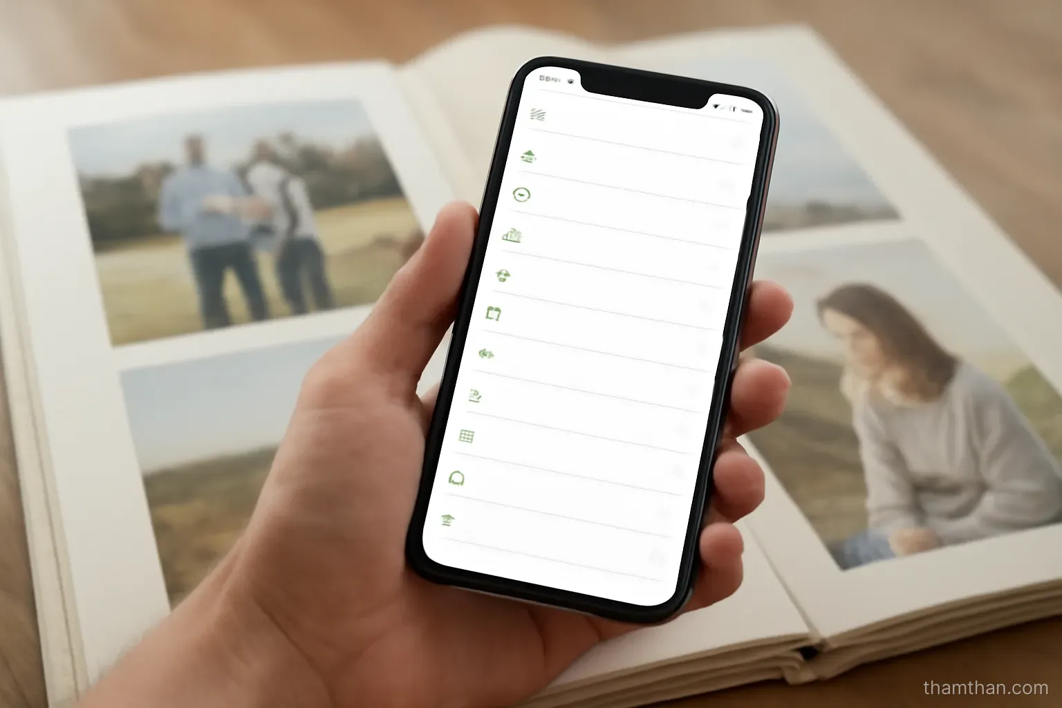 a phone screen showing a long list of call entries held above a printed photo album