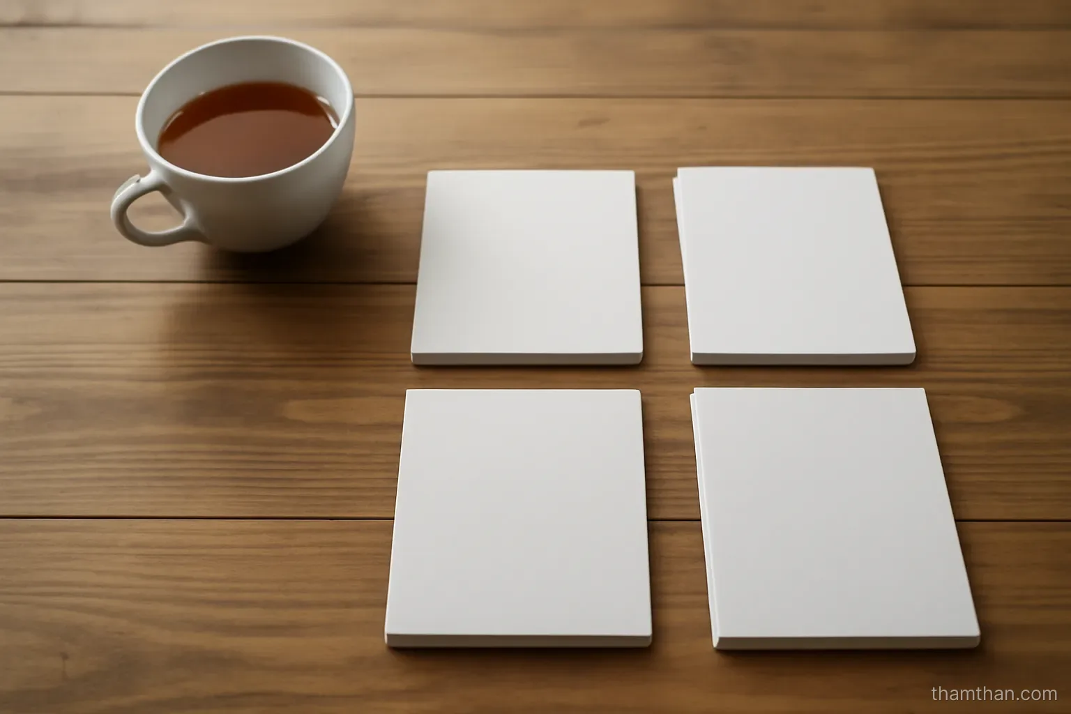 a wide table seen from above with four small stacks of paper and a cup of tea beside them