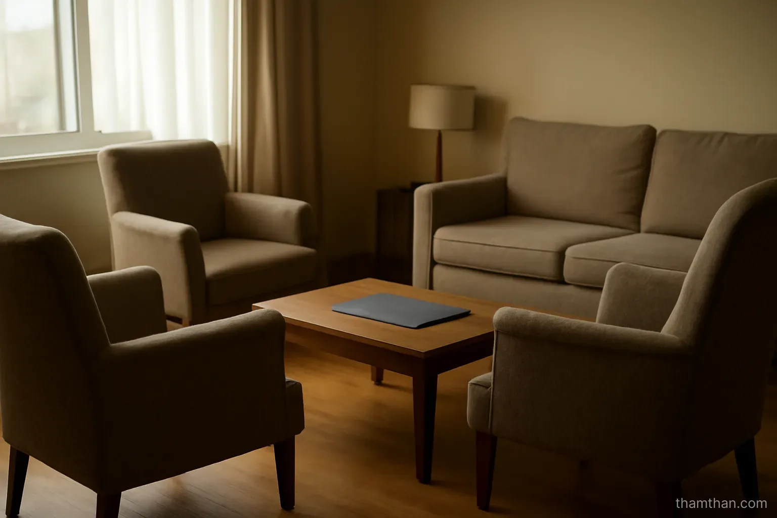 a quiet living room where four chairs are turned toward a low table holding a closed folder