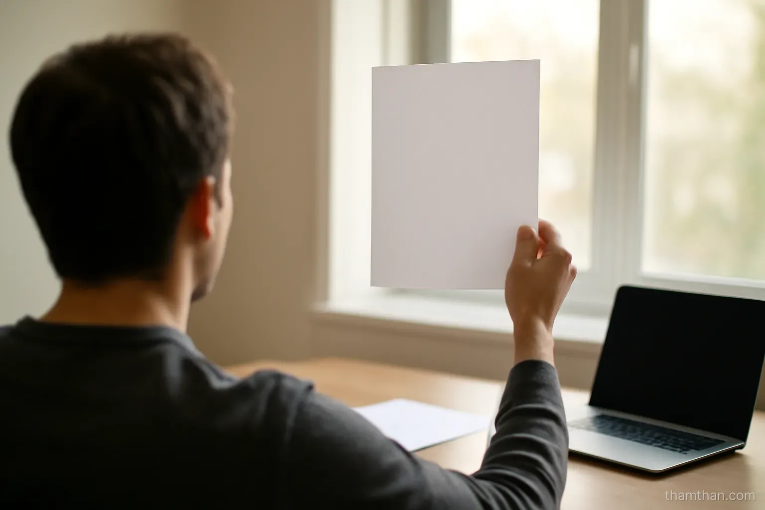 a person at a desk holding a single sheet up toward a window seen from behind in daylight