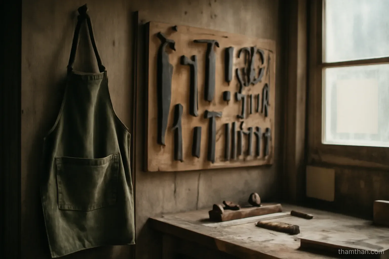 a small workshop with tools on the wall and an apron hanging by the entrance