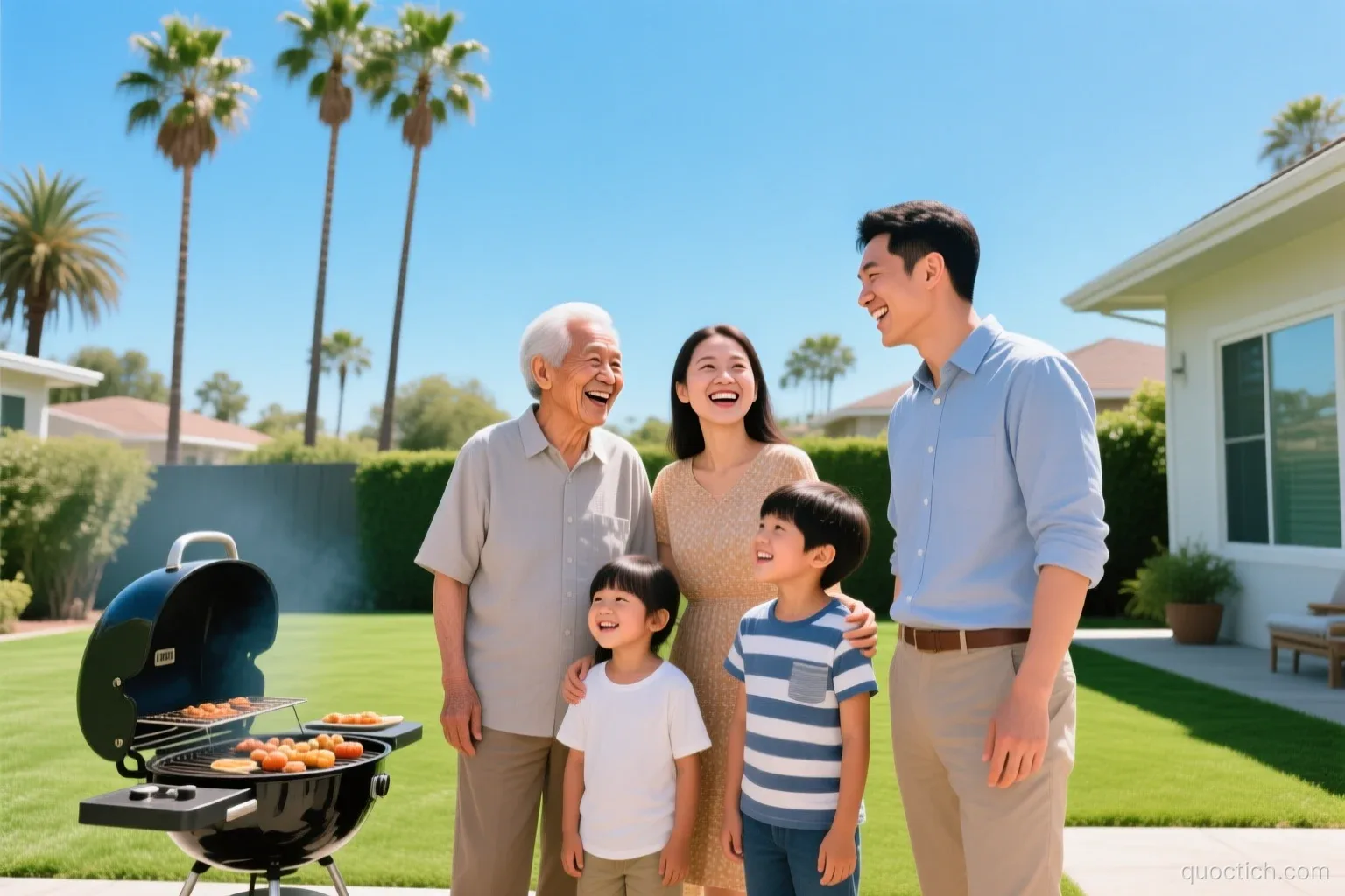 Vietnamese grandparents laughing at a sunny backyard barbecue with their son, daughter-in-law and two grandchildren in a California suburb with tall palm trees, wide group shot, bright blue sky and green lawn