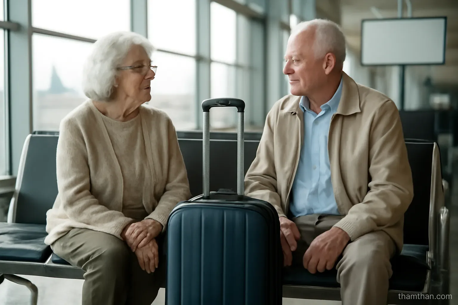 an older couple sitting on a bench at an airport gate with a single suitcase between them