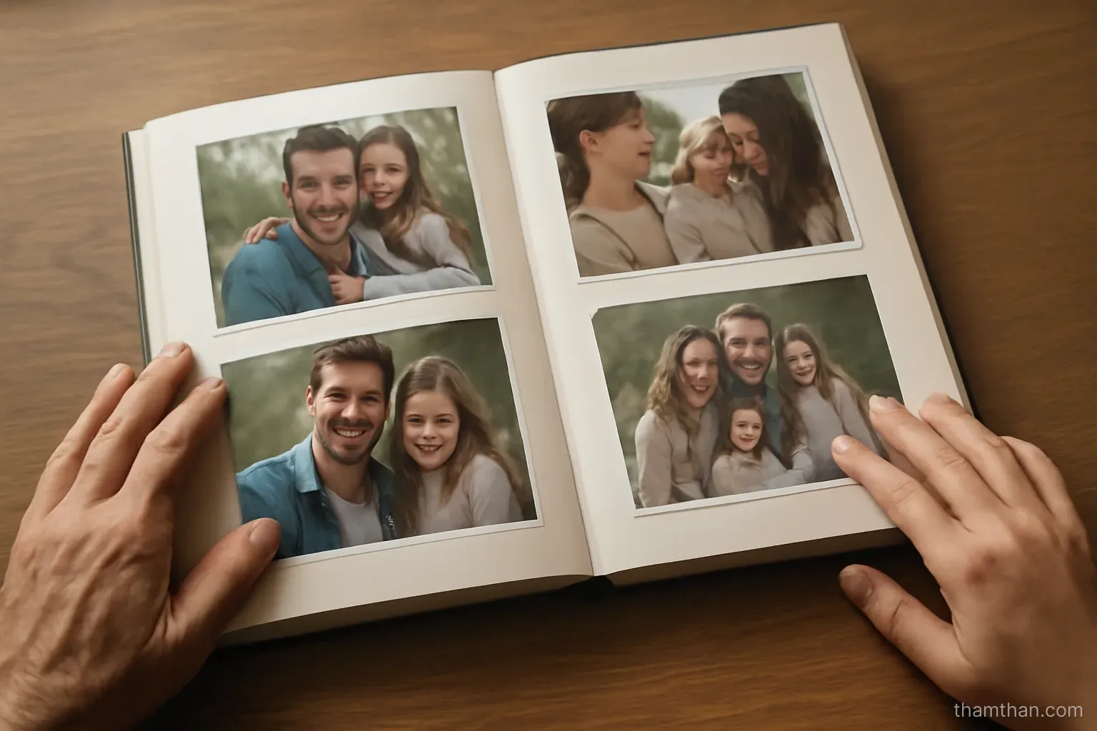 a family album open to a page of photographs while two hands of different ages rest on the table beside it