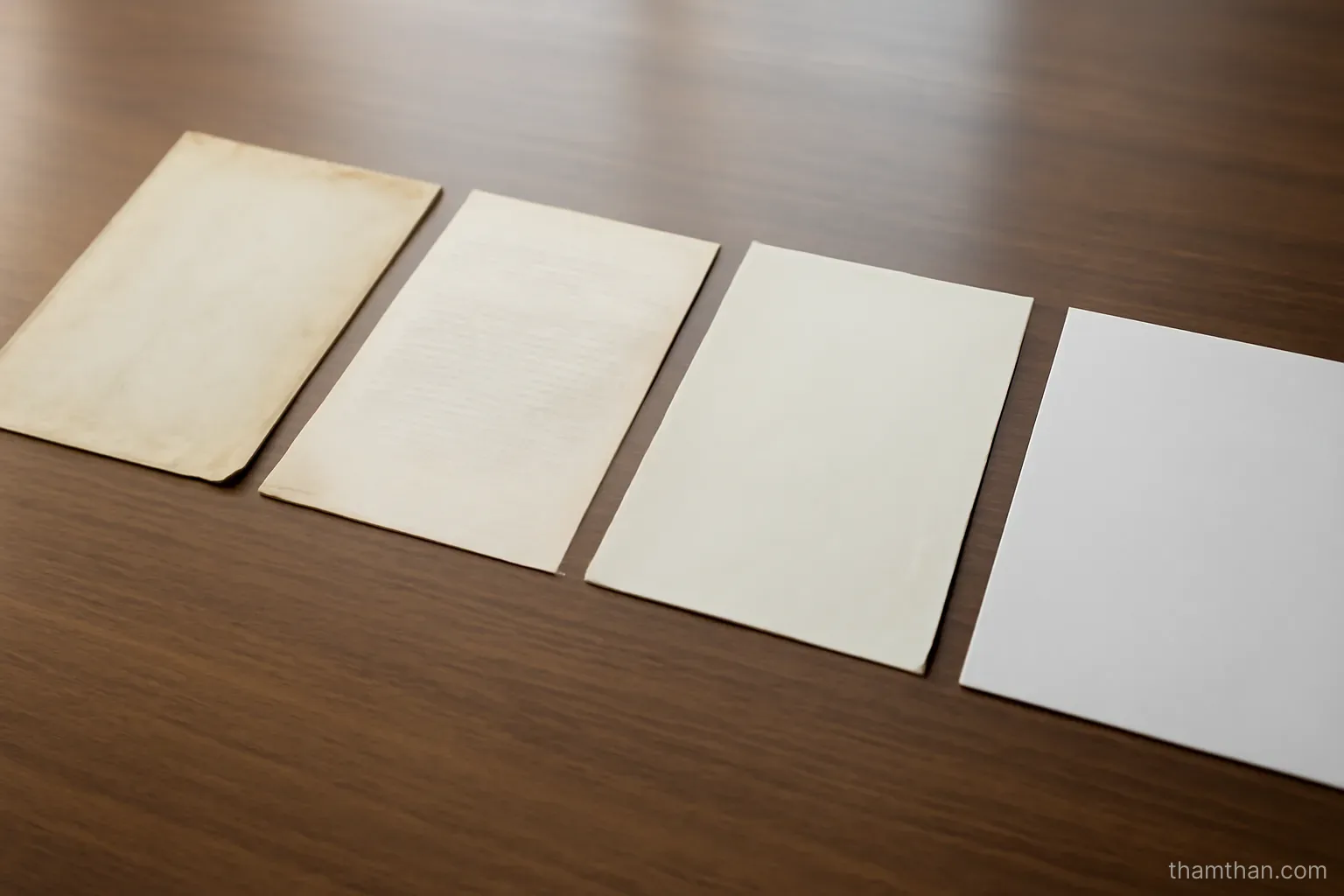 several official papers of different ages spread out in a row on a desk surface