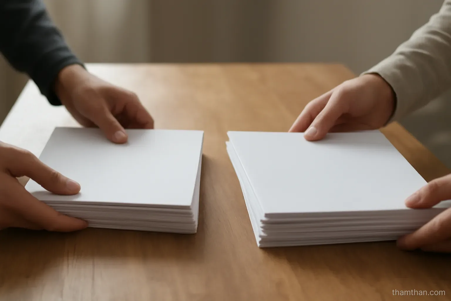 two hands from opposite sides of a wooden table each placing a separate stack of papers down