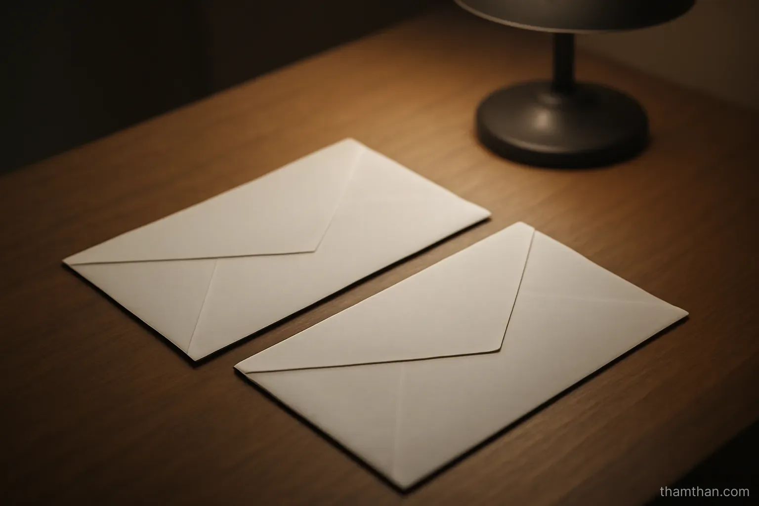 two envelopes lying side by side on a table facing opposite directions under a lamp
