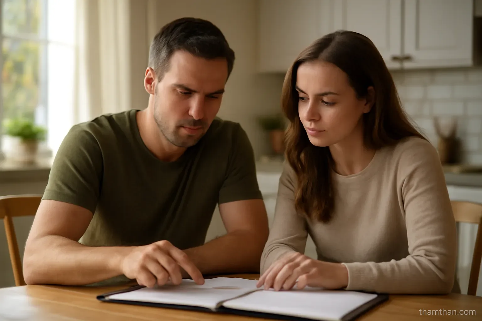 a couple sitting at a kitchen table with a folder of documents open between them in morning light