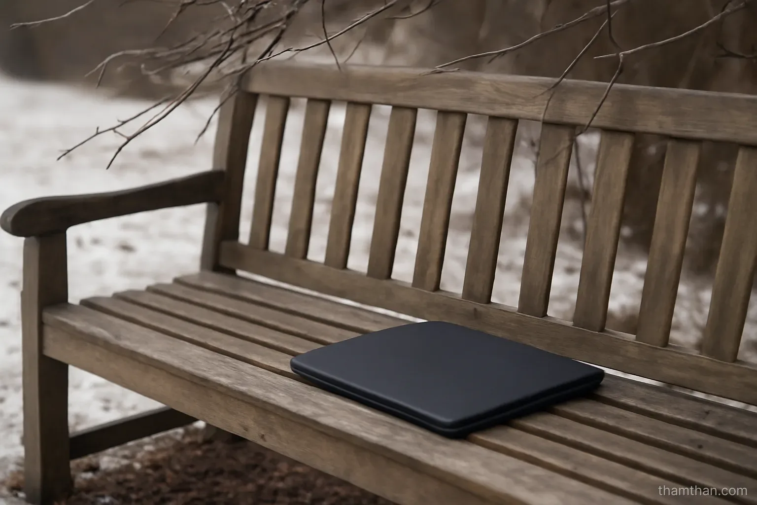 a garden bench in winter with a closed folder resting on it and bare branches overhead