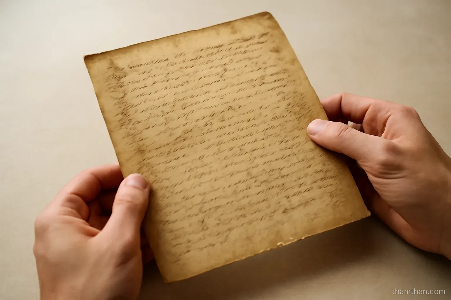 a yellowed handwritten document held carefully at the edges above a plain surface