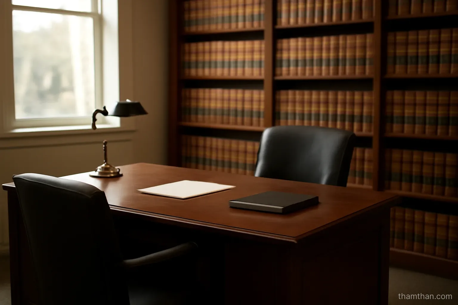 an empty lawyer office with two chairs facing a desk and shelves of bound volumes behind