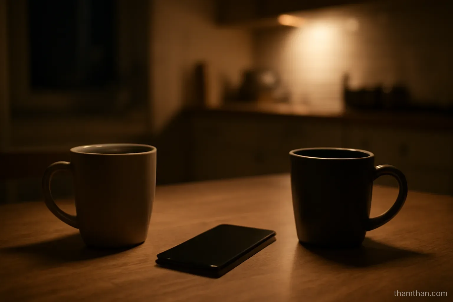 a kitchen table with two mugs and a phone face up between them at night
