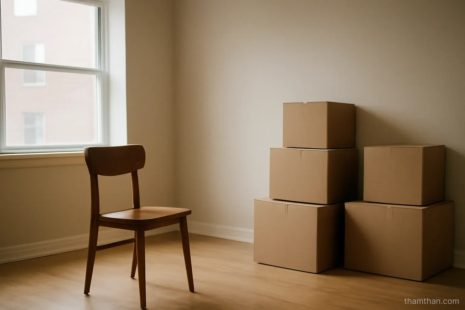 an empty apartment with a single chair and boxes stacked against one wall