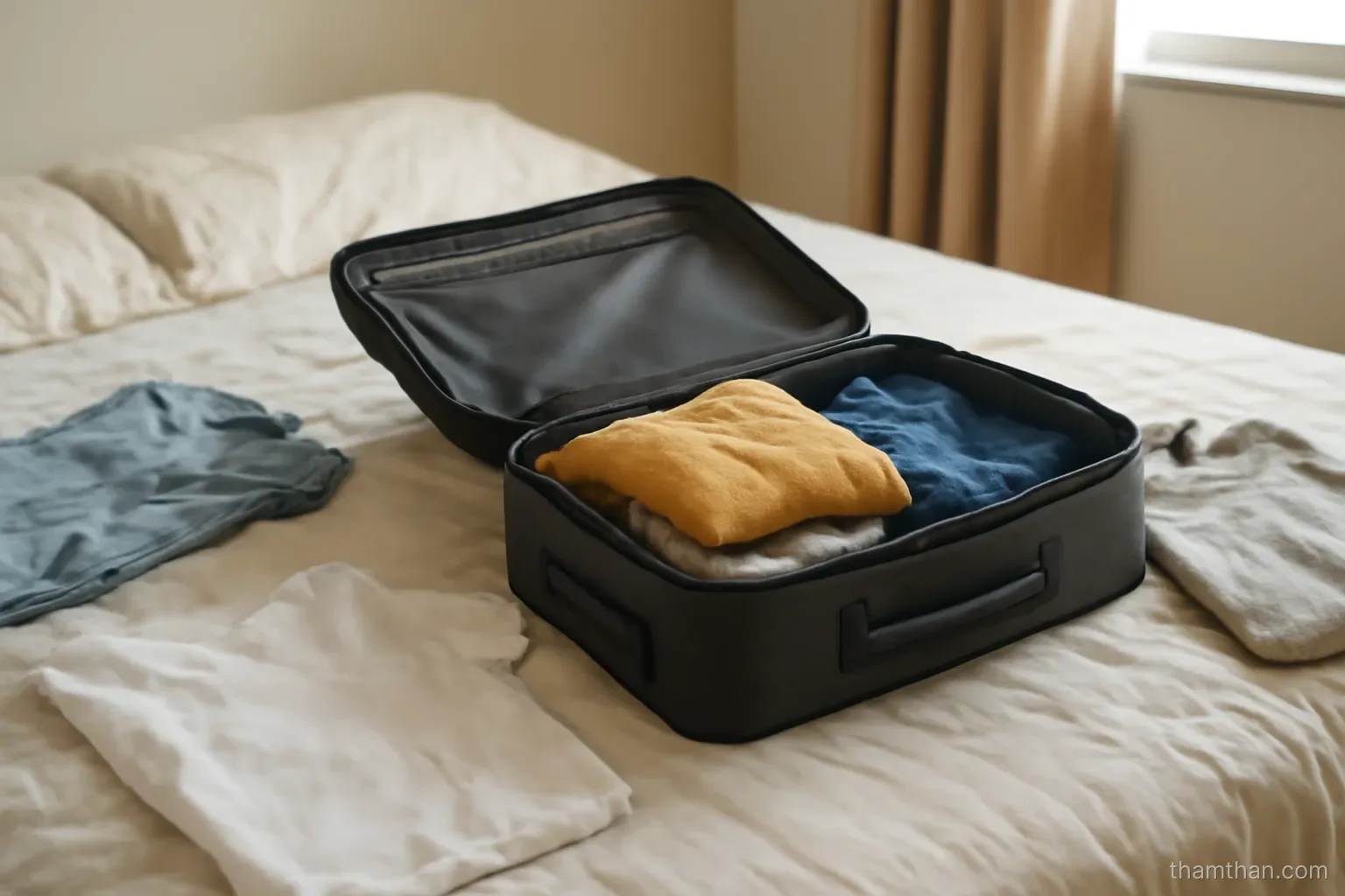 a packed bag half unpacked on a bed with clothes left on both sides