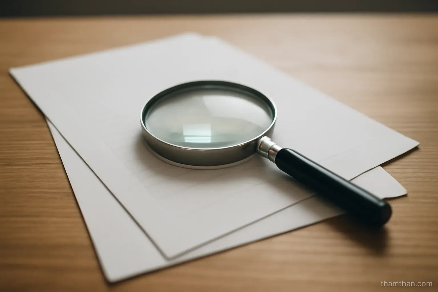 a magnifying glass resting on two stacked forms whose printed lines do not align on a desk
