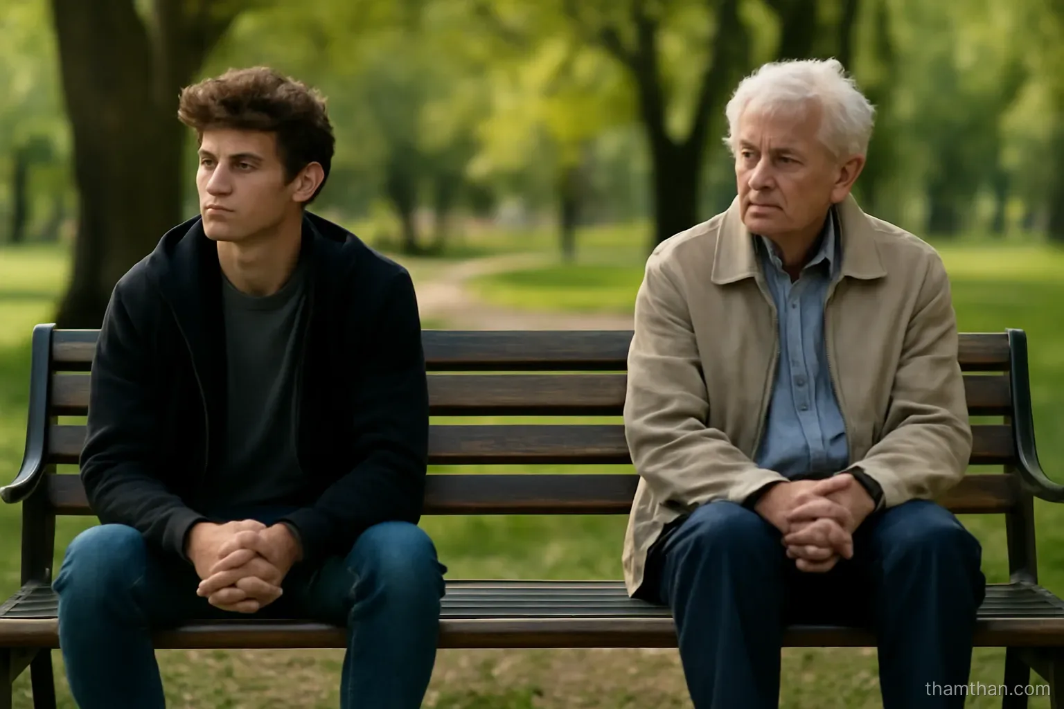 a young person and an older person sitting on opposite ends of a park bench