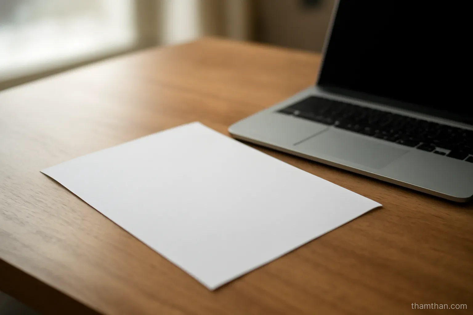 a blank sheet of paper on a desk beside a laptop with the screen turned away