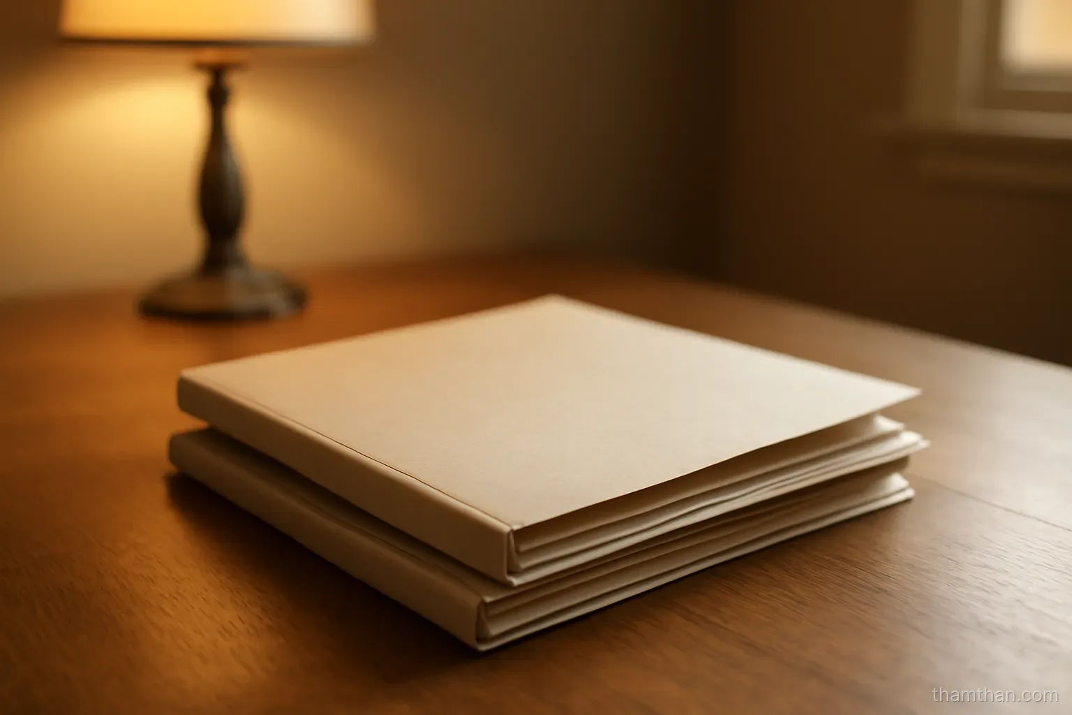 two identical folders stacked on a desk with one slightly thicker than the other under warm lamplight
