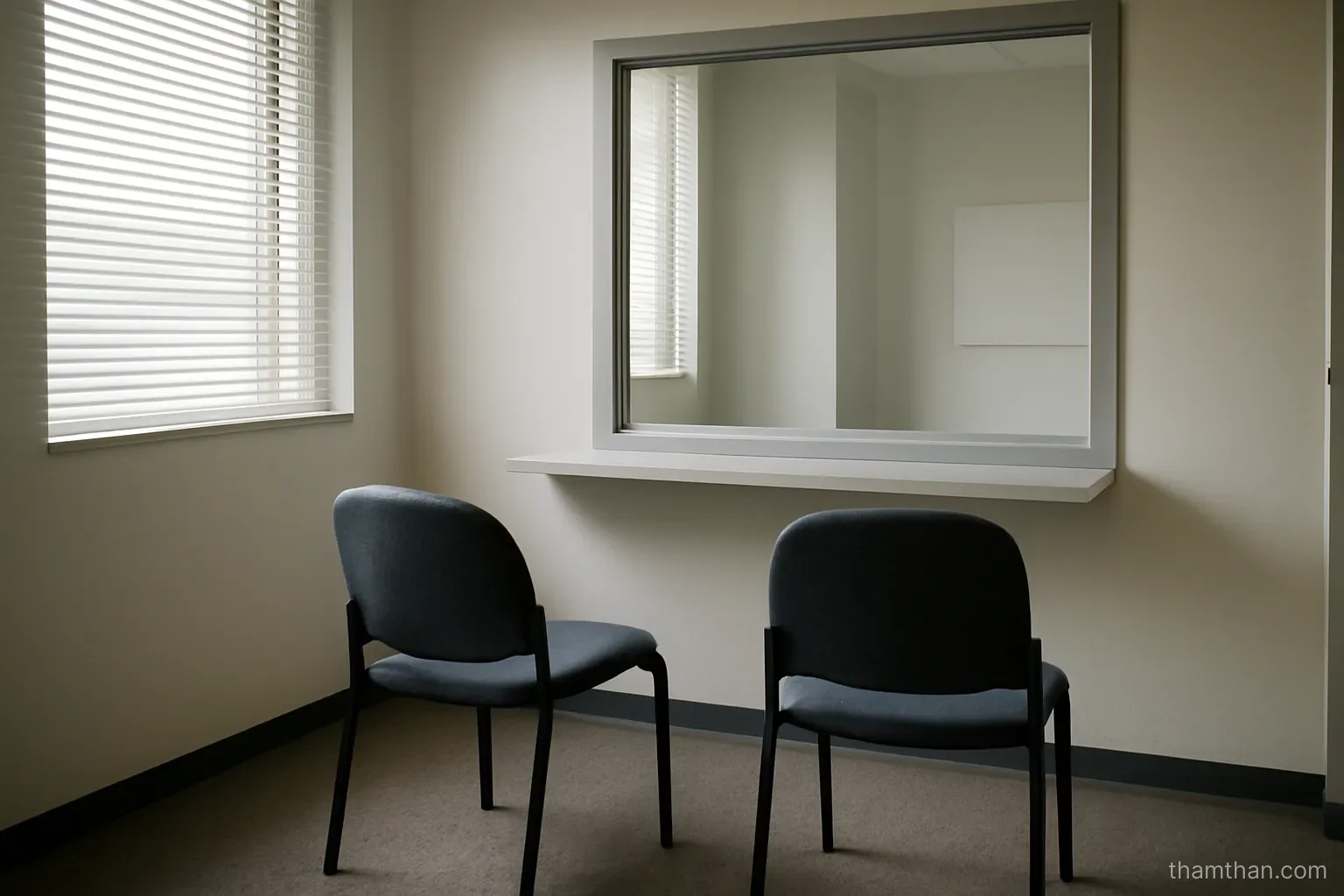 an empty interview room with two chairs facing a counter window and soft daylight through blinds