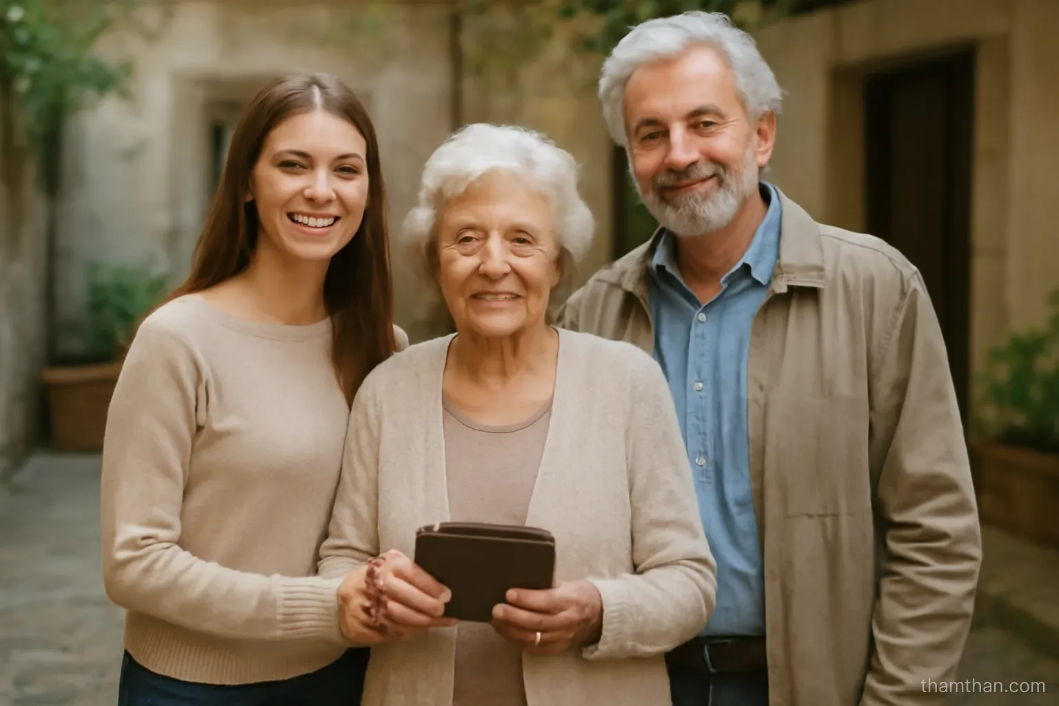 three generations of a family standing together in a courtyard while an older woman holds a small document case