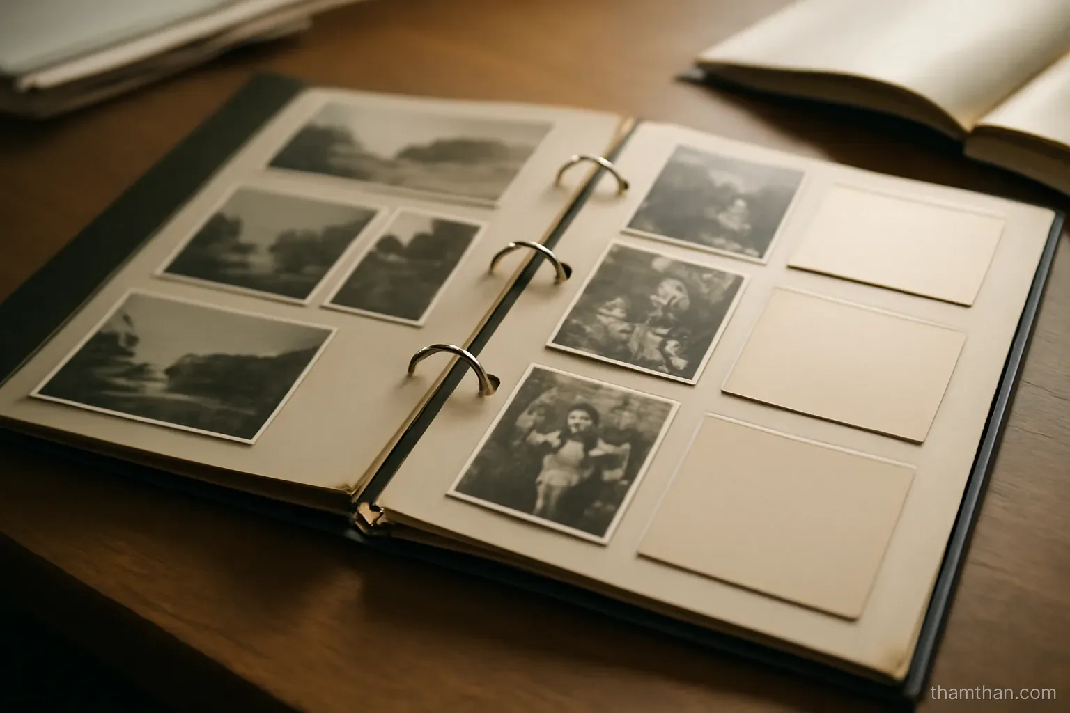 an open ring binder with photographs and letters arranged in chronological rows on a desk
