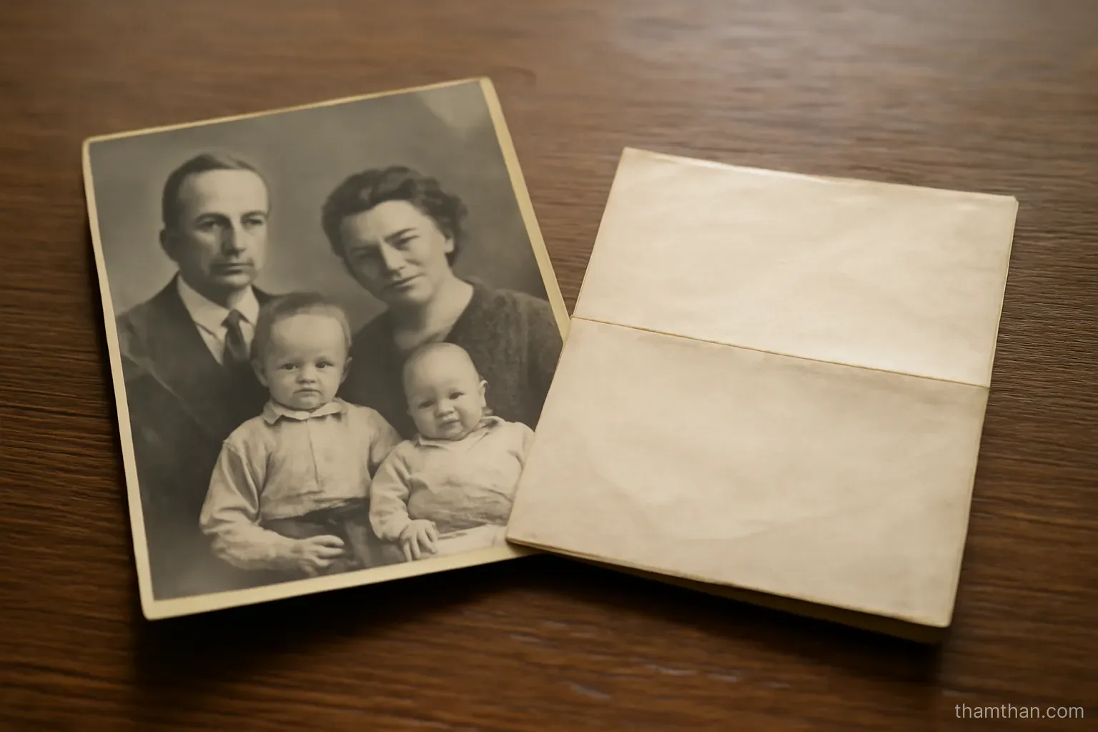 an old family photograph and a folded certificate lying together on a wooden table