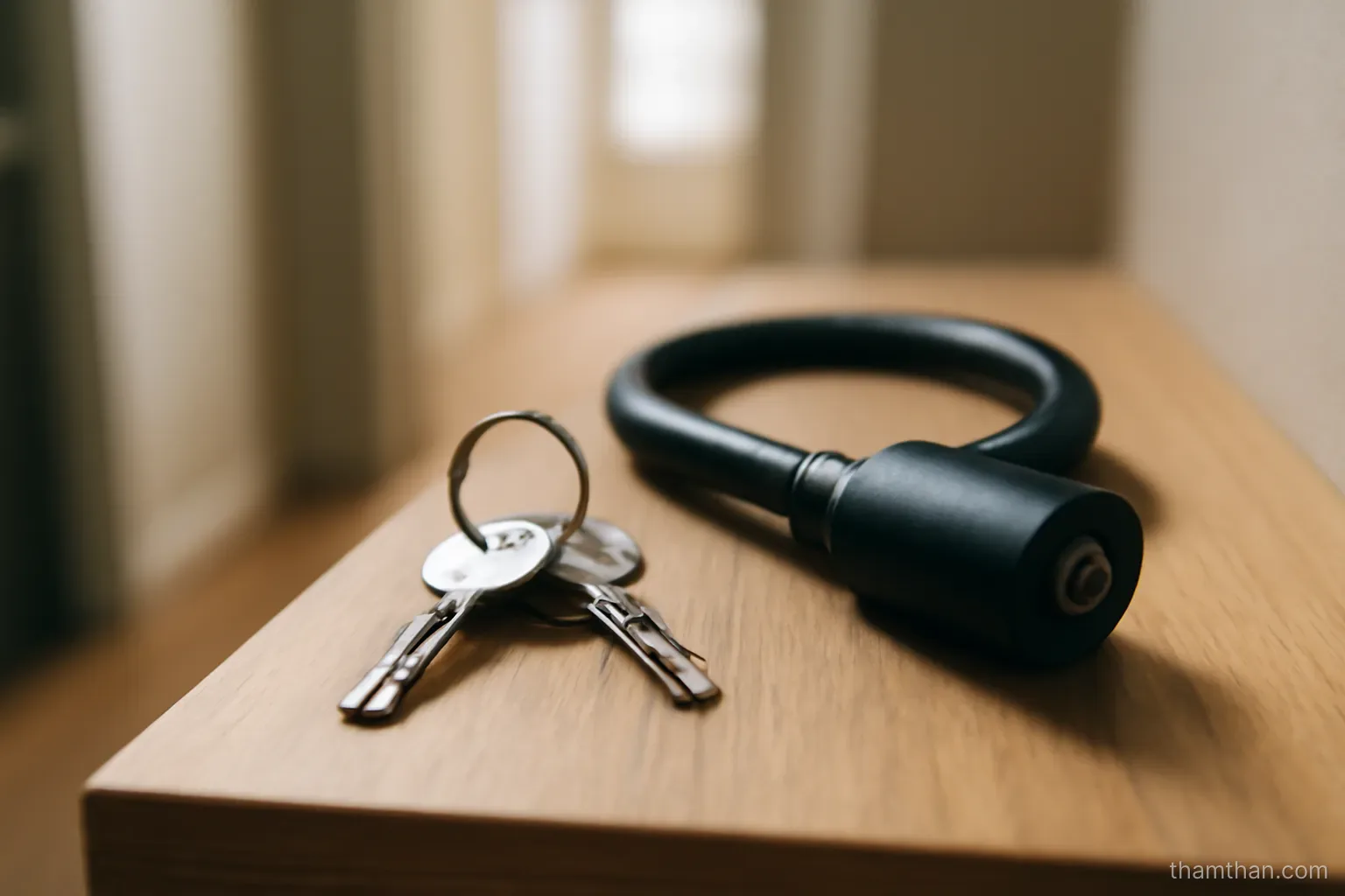 a set of house keys and a bicycle lock lying together on a hallway shelf