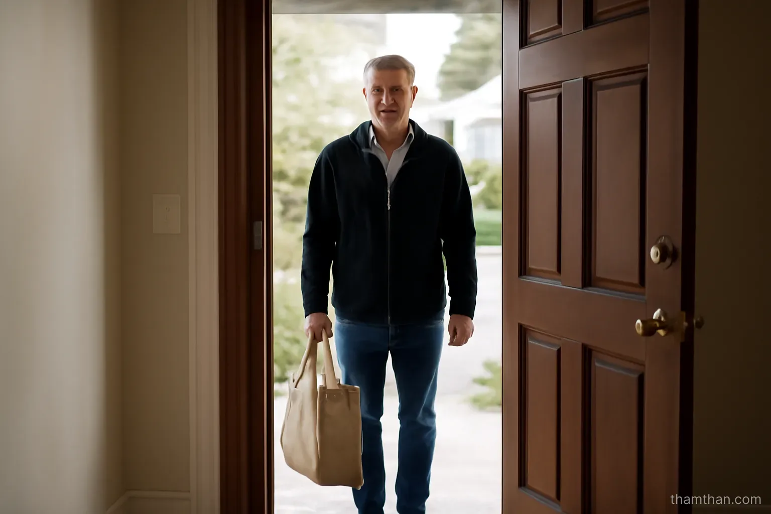 a front door opened from inside with a visitor standing on the step holding a bag