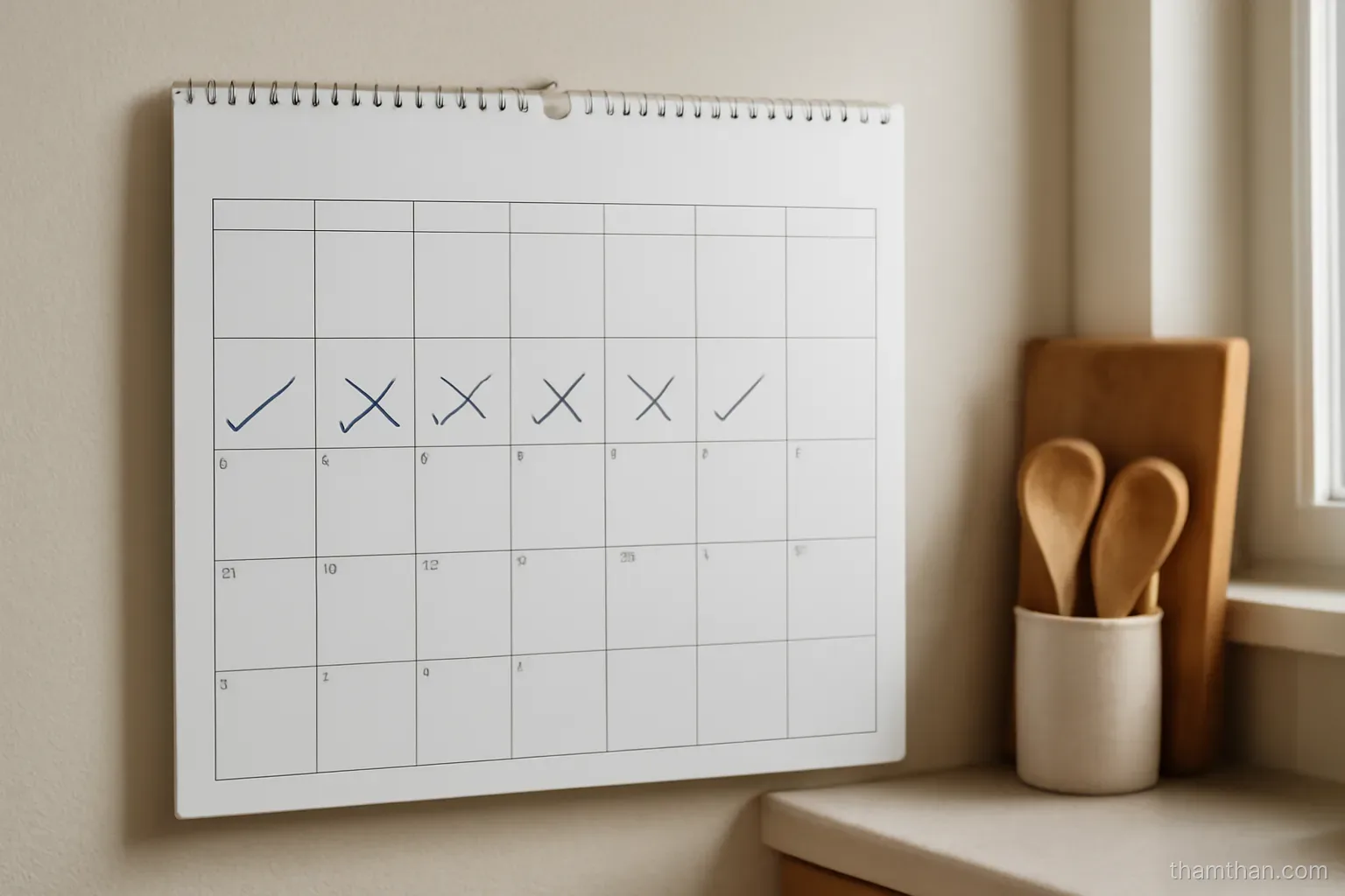 a wall calendar in a kitchen with one week marked off by hand in blue pen