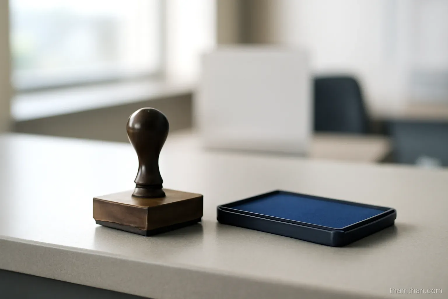 a rubber stamp and an ink pad sitting at the corner of an office counter