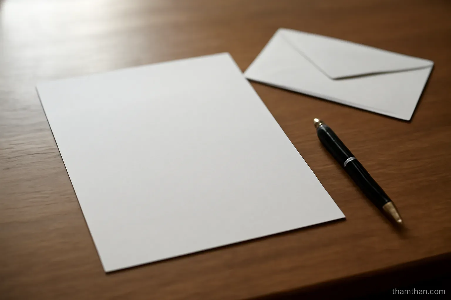 a typed letter lying flat on a desk with a pen and an unsealed envelope beside it