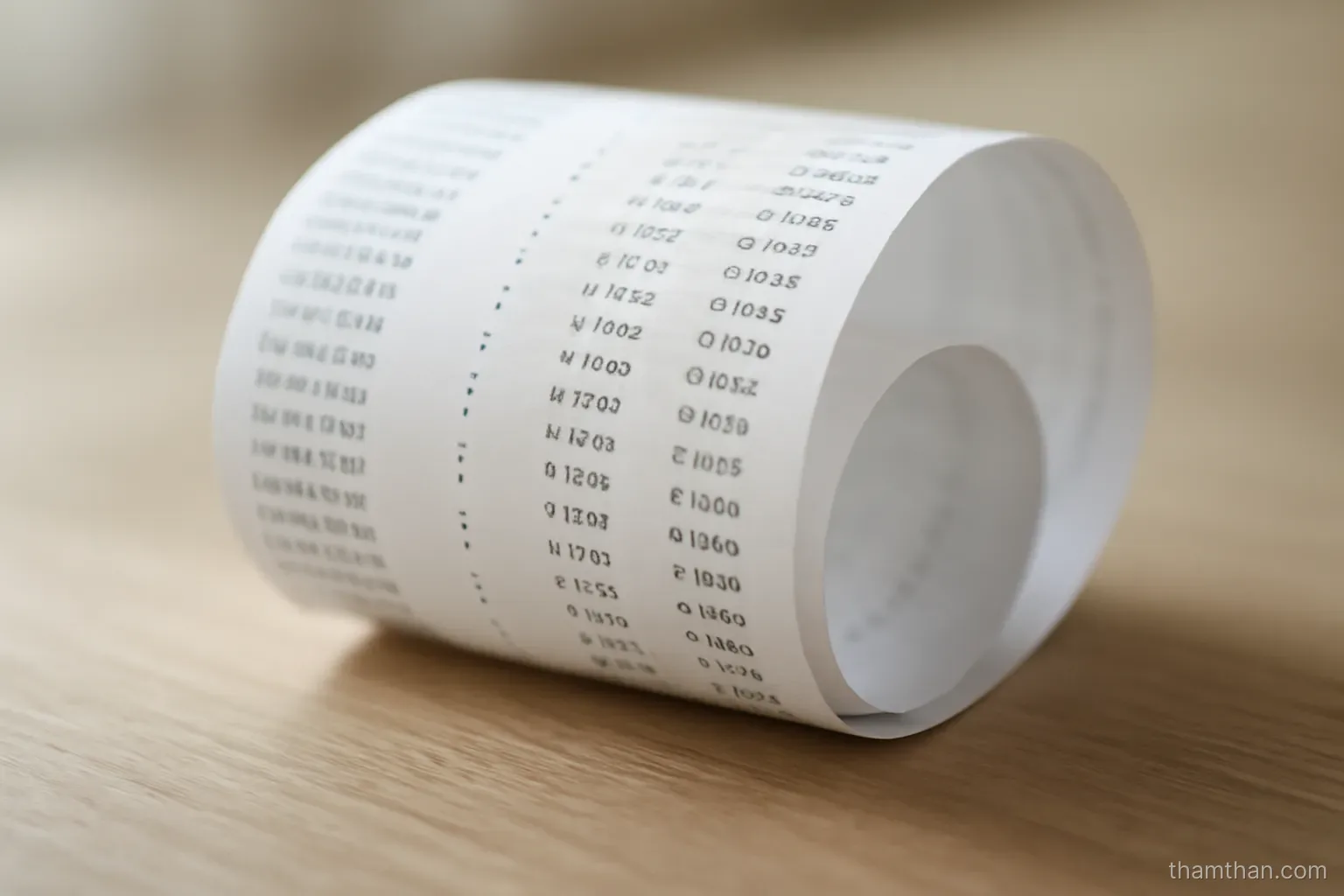 a transaction history printed on a long slip of paper curling at one end