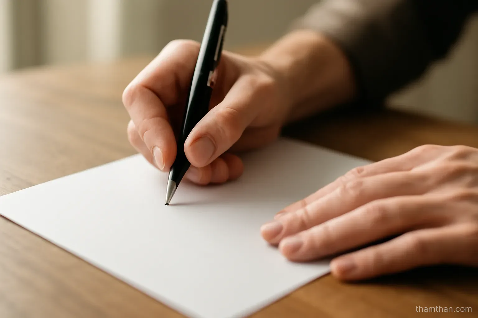 a hand poised above a document with a pen, the page held down by the other hand