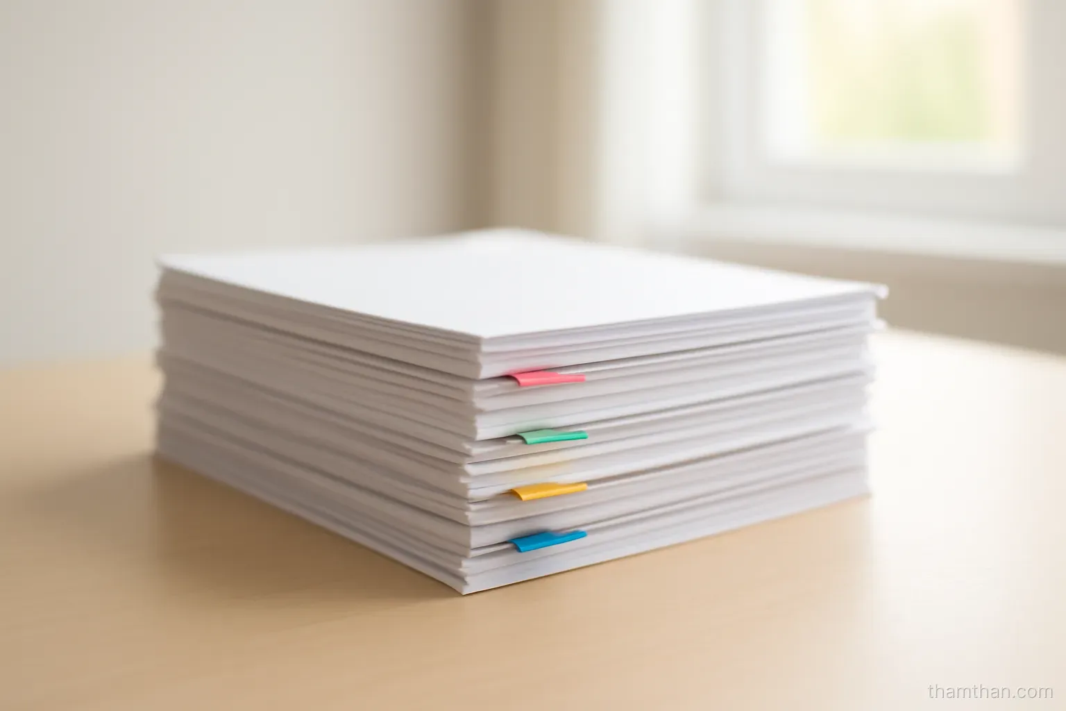 a tidy stack of papers with coloured tabs marking sections on a clean desk
