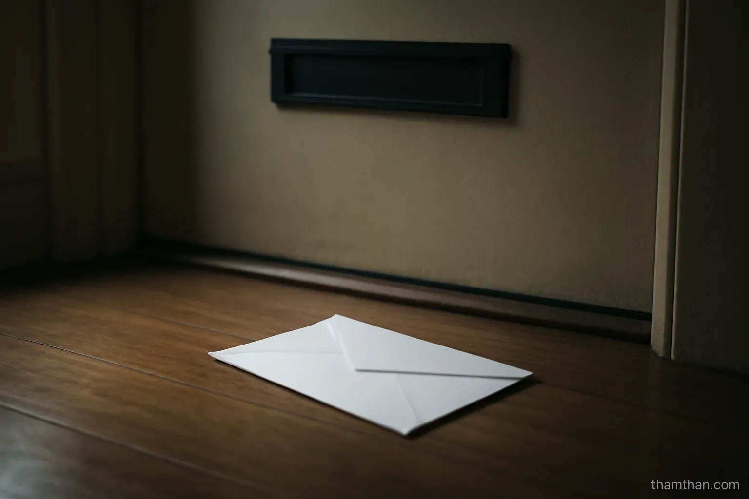 a returned envelope lying unopened on a hallway floor beneath a letter slot in dim light